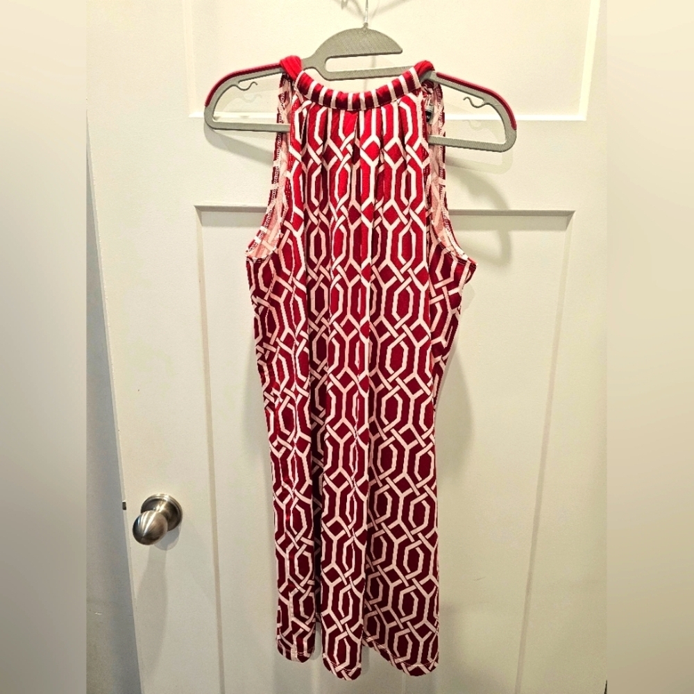 Mud Pie Red & White Geometric Print Halter Dress Tie Back Size M